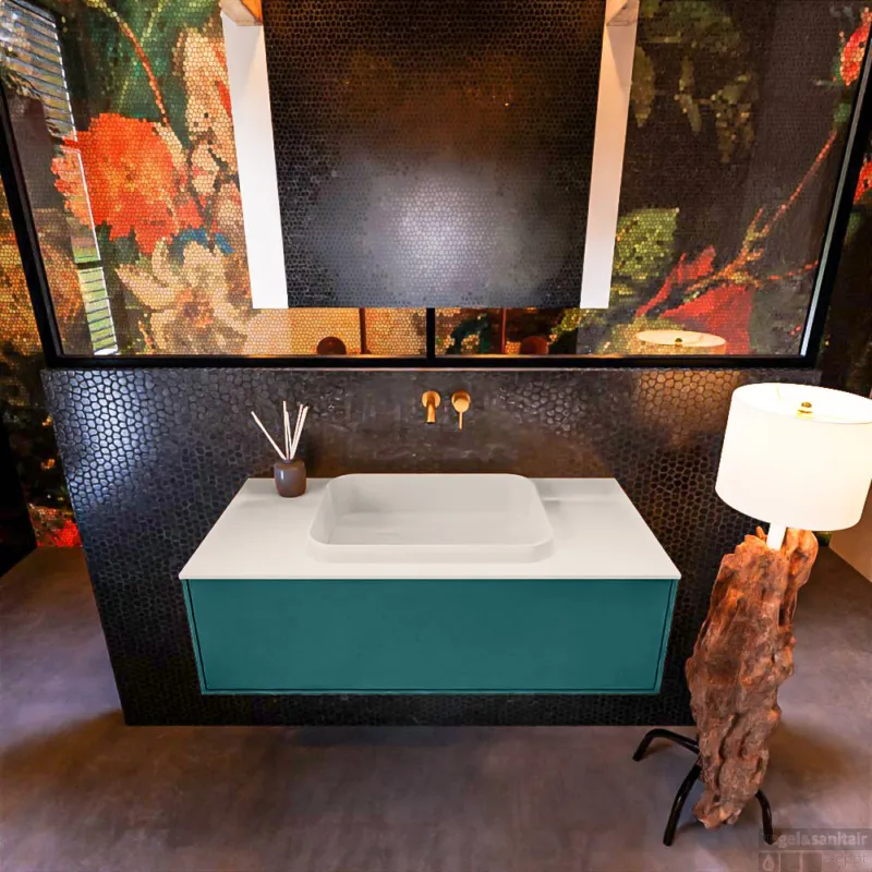 Badkamermeubelset Mondiaz Erin 100 cm met 1 Lade met RIDGE Wastafel Midden Linen Zonder Kraangaten Greeploos Mat Smag Actieprijs
