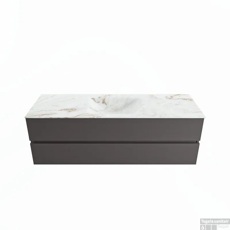 MONDIAZ VICA-DLUX 150cm badmeubel onderkast Dark grey 2 lades. Inbouw wastafel CLOUD midden zonder kraangat, kleur Frappe. Beperkte Voorraad