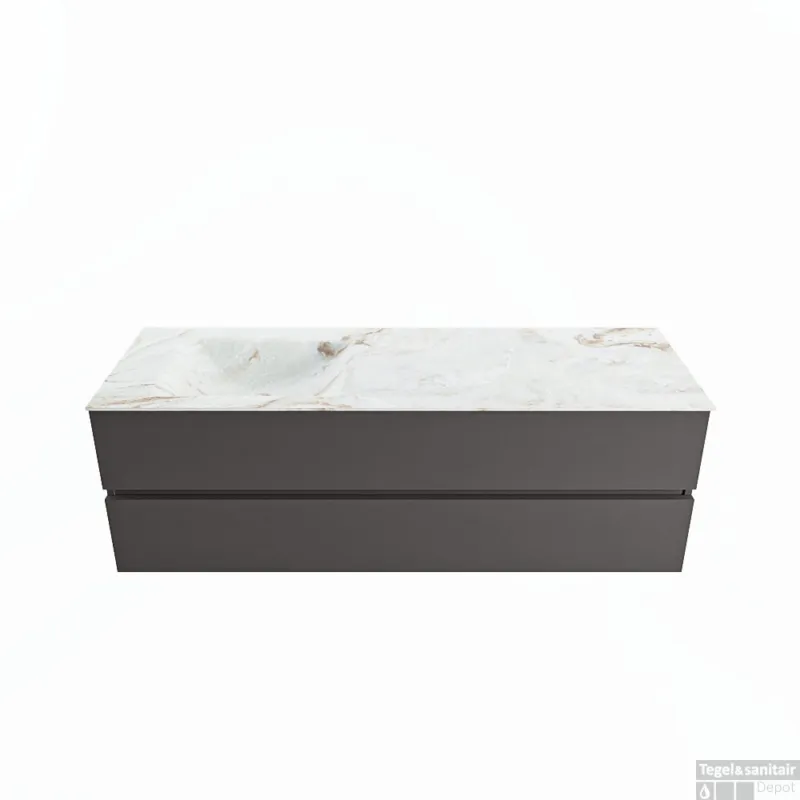 MONDIAZ VICA-DLUX 150cm badmeubel onderkast Dark grey 2 lades. Inbouw wastafel CLOUD links zonder kraangat, kleur Frappe. Hete Deal