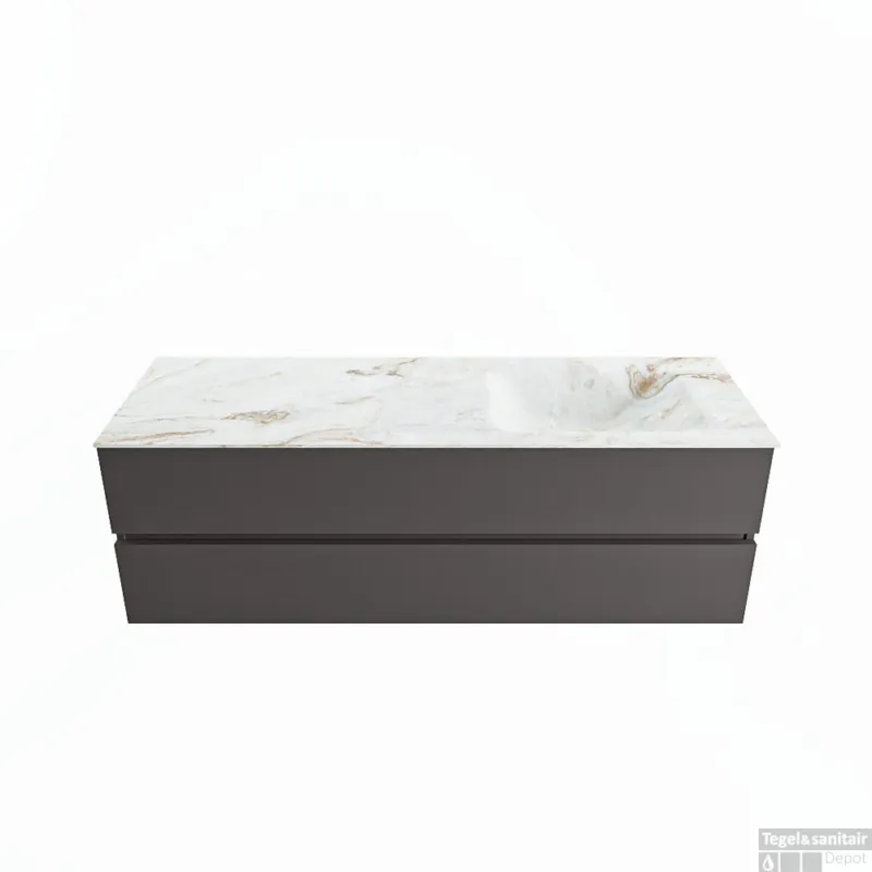 MONDIAZ VICA-DLUX 150cm badmeubel onderkast Dark grey 2 lades. Inbouw wastafel CLOUD rechts zonder kraangat, kleur Frappe. Koopje