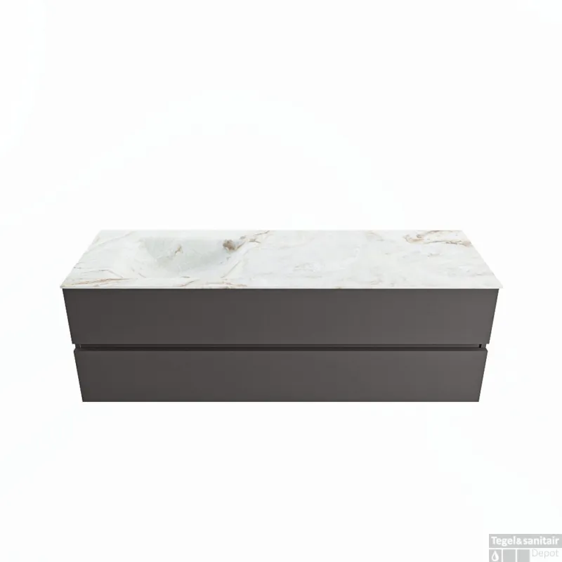 MONDIAZ VICA-DLUX 150cm badmeubel onderkast Dark grey 2 lades. Inbouw wastafel CLOUD links 1 kraangat, kleur Frappe. Lage Kosten