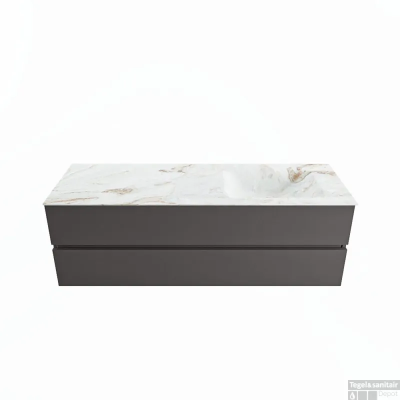 MONDIAZ VICA-DLUX 150cm badmeubel onderkast Dark grey 2 lades. Inbouw wastafel CLOUD rechts 1 kraangat, kleur Frappe. Actieprijs