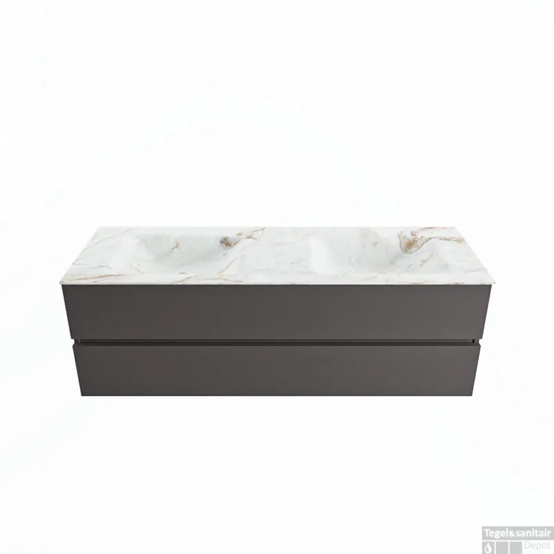 Lage Prijs MONDIAZ VICA-DLUX 150cm badmeubel onderkast Dark grey 2 lades. Inbouw wastafel CLOUD dubbel 2 kraangaten, kleur Frappe.