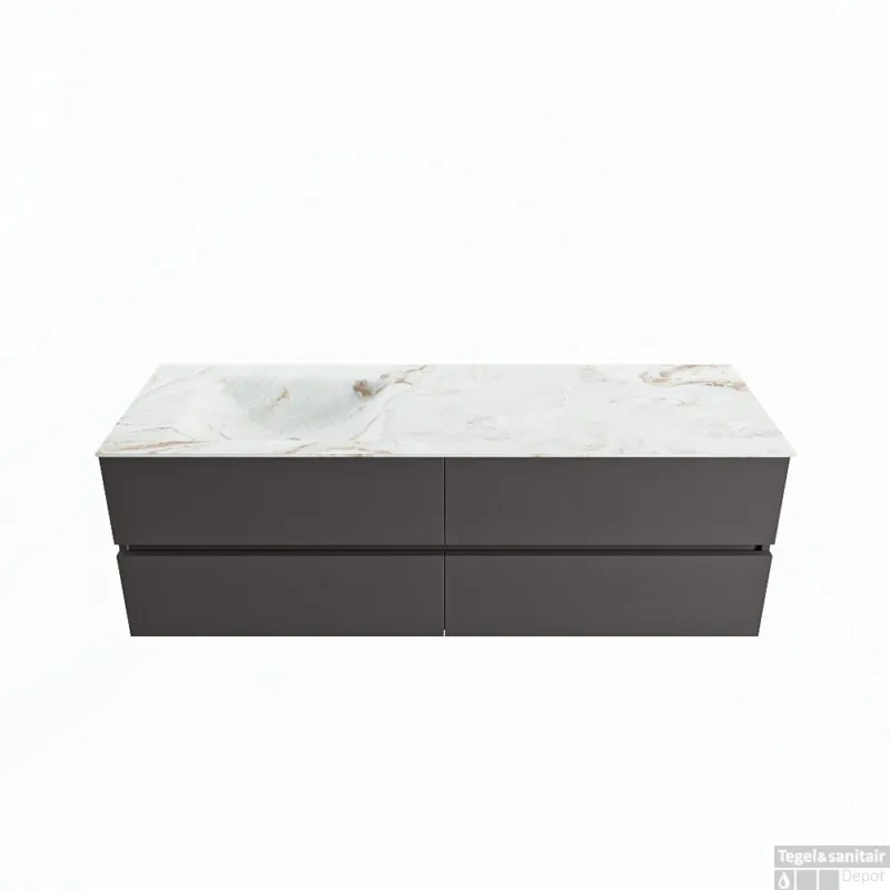 Beperkt Aanbod MONDIAZ VICA-DLUX 150cm badmeubel onderkast Dark grey 4 lades. Inbouw wastafel CLOUD links zonder kraangat, kleur Frappe.