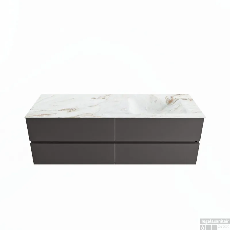 MONDIAZ VICA-DLUX 150cm badmeubel onderkast Dark grey 4 lades. Inbouw wastafel CLOUD rechts zonder kraangat, kleur Frappe. Voordeelprijs