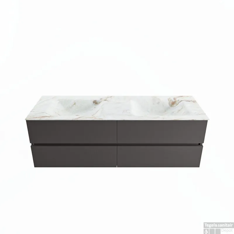 MONDIAZ VICA-DLUX 150cm badmeubel onderkast Dark grey 4 lades. Inbouw wastafel CLOUD dubbel zonder kraangat, kleur Frappe. Finale Uitverkoop