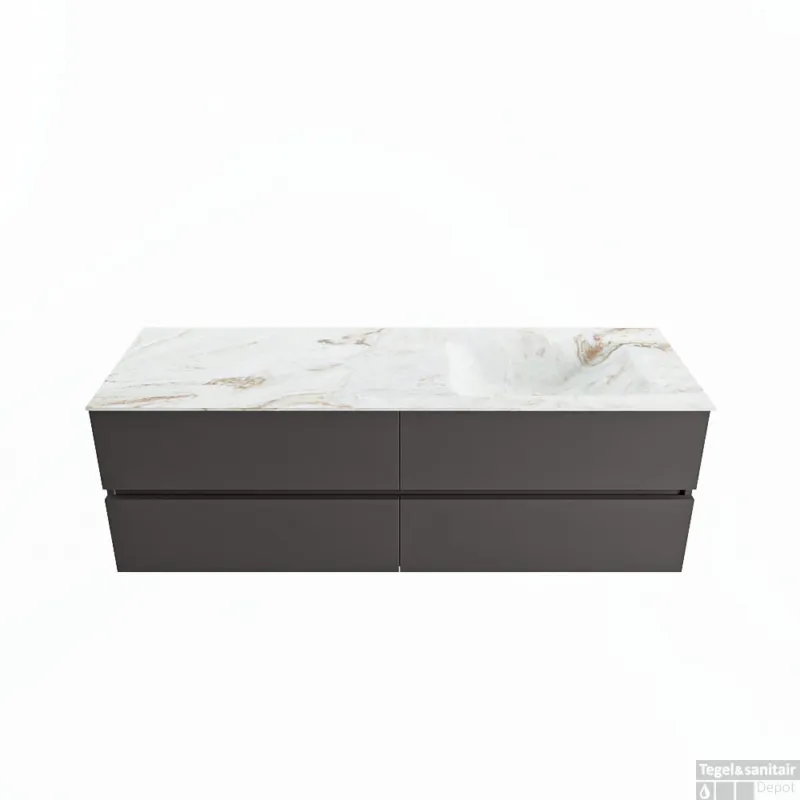 Gecertificeerd MONDIAZ VICA-DLUX 150cm badmeubel onderkast Dark grey 4 lades. Inbouw wastafel CLOUD rechts 1 kraangat, kleur Frappe.