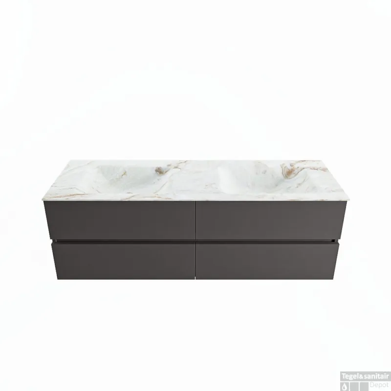 Nu Kopen MONDIAZ VICA-DLUX 150cm badmeubel onderkast Dark grey 4 lades. Inbouw wastafel CLOUD dubbel 2 kraangaten, kleur Frappe.