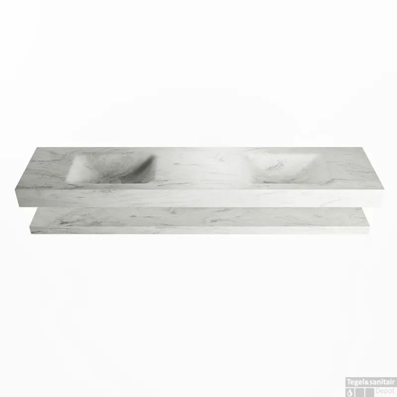 Direct Beschikbaar MONDIAZ ALAN-DLUX 200cm planchet Opalo. Vrijhangende wastafel CLOUD dubbel 2 kraangaten, kleur Opalo.