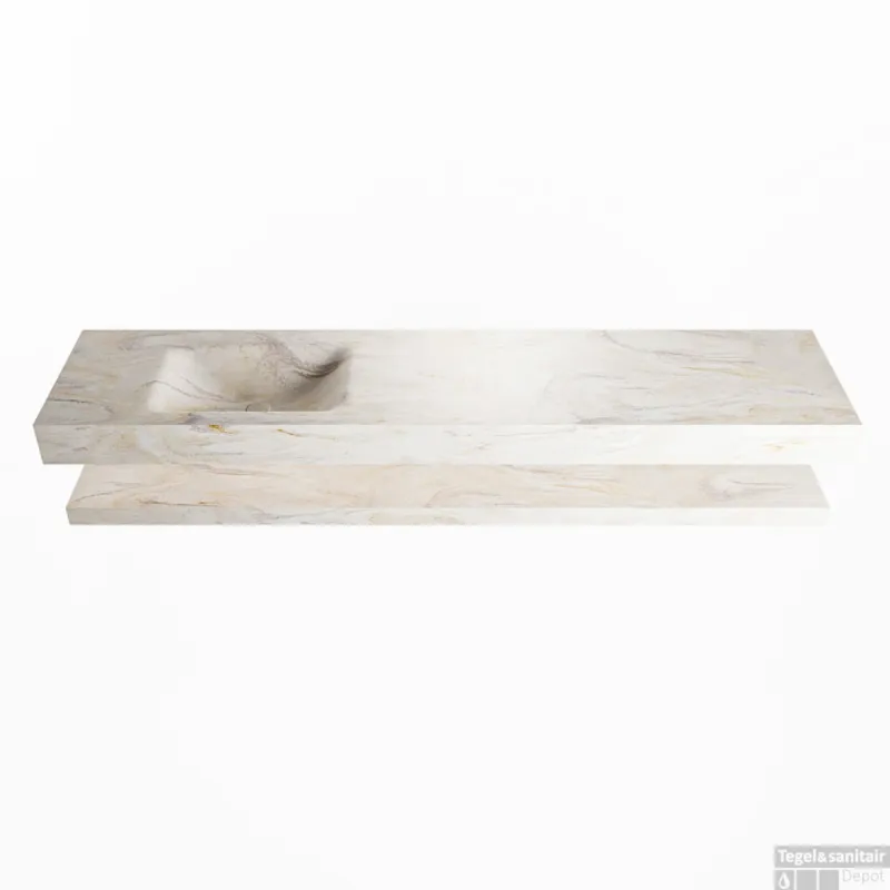 Bestseller MONDIAZ ALAN-DLUX 200cm planchet Ostra. Vrijhangende wastafel CLOUD links 1 kraangat, kleur Ostra.