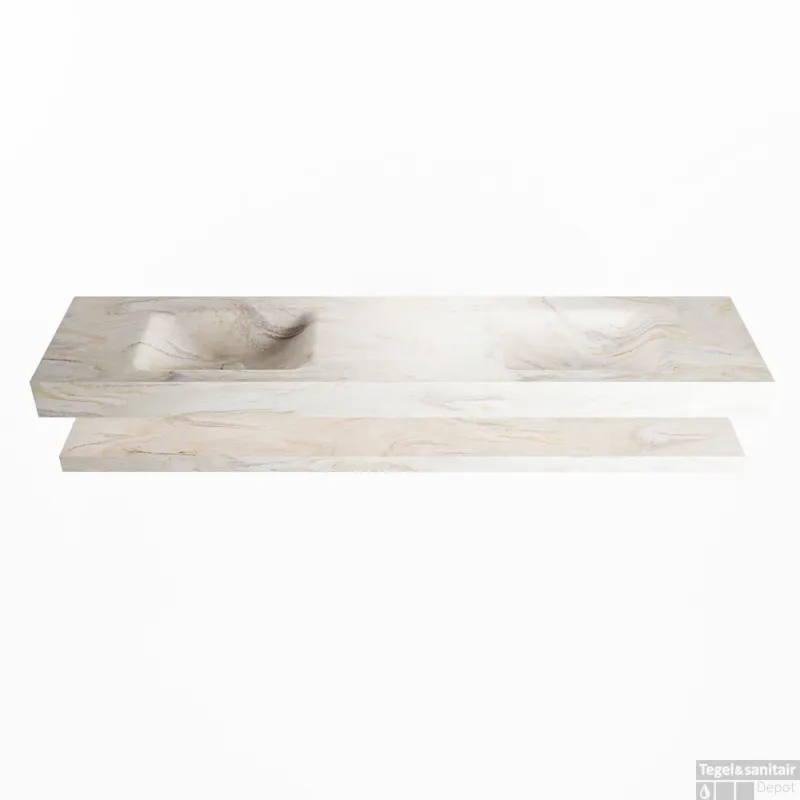 Must-Have MONDIAZ ALAN-DLUX 200cm planchet Ostra. Vrijhangende wastafel CLOUD dubbel 2 kraangaten, kleur Ostra.