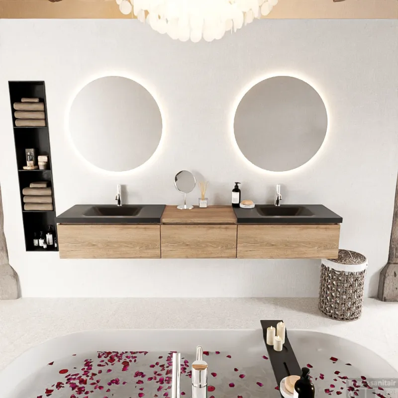 Favoriet MONDIAZ BUKLA 220cm badmeubel met module 60 kleur Washed Oak met 3 lades. Wastafel CLOUD dubbel 2 kraangaten kleur Urban.