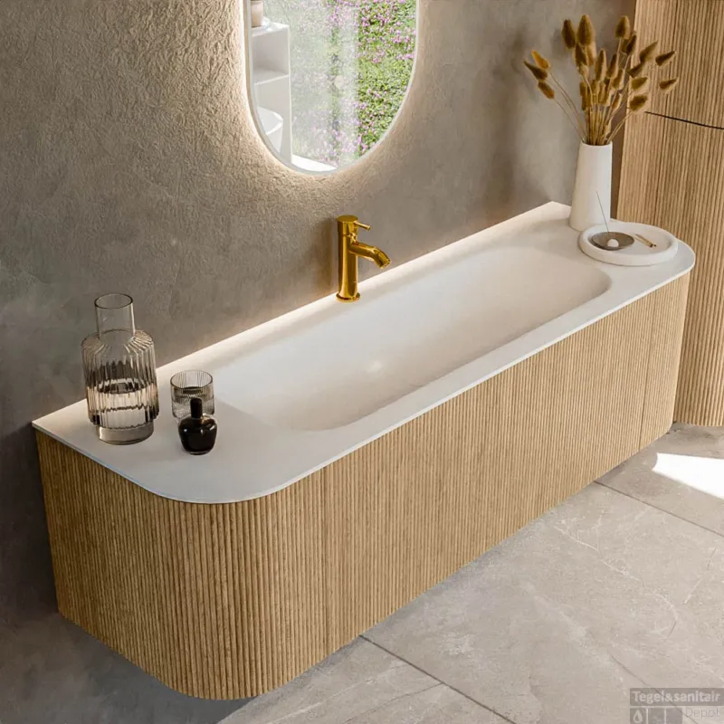 Mondiaz KURVE 150 cm Onderkast Greeploos 1 Lade Met Deuren Oak, Wastafel Solid Surface Midden Talc 1 Kraangat Zonder Spiegel (KRVBGM150L+R1L2D1KM-Oak/Tal) Shop Nu