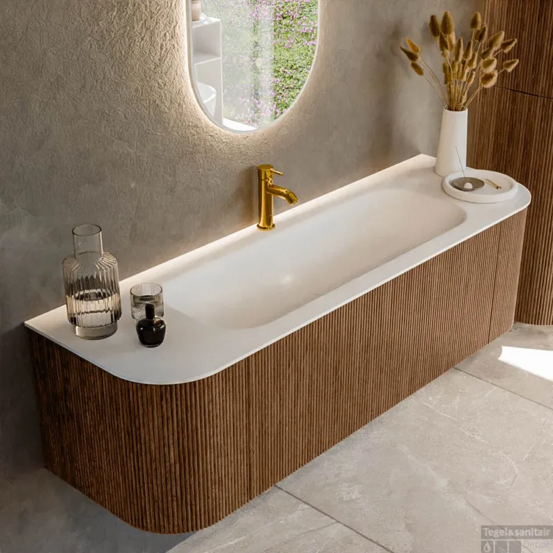 Mondiaz KURVE 150 cm Onderkast Greeploos 1 Lade Met Deuren Walnut, Wastafel Solid Surface Midden Talc 1 Kraangat Zonder Spiegel (KRVBGM150L+R1L2D1KM-Wal/Tal) Flitsaanbieding