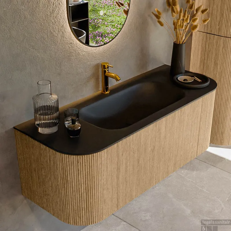Betrouwbaar Mondiaz KURVE 120 cm Onderkast Greeploos 1 Lade Met Deuren Oak, Wastafel Solid Surface Midden Urban 1 Kraangat Zonder Spiegel (KRVBGS120L+R1L2D1KM-Oak/Urb)
