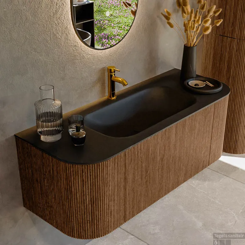 Lage Prijs Mondiaz KURVE 120 cm Onderkast Greeploos 1 Lade Met Deuren Walnut, Wastafel Solid Surface Midden Urban 1 Kraangat Zonder Spiegel (KRVBGS120L+R1L2D1KM-Wal/Urb)