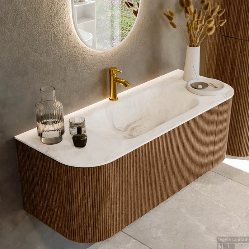 Mondiaz KURVE-DLUX 120 cm Onderkast Greeploos 1 Lade Met Deuren Walnut, Wastafel Solid Surface Midden Frappe 1 Kraangat Zonder Spiegel (KRVBGS120L+R1L2D1KM-Wal/Fra) Flitsaanbieding