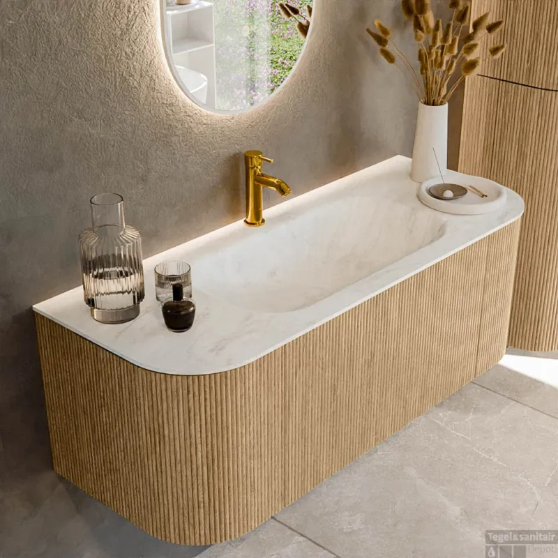 Superprijs Mondiaz KURVE-DLUX 120 cm Onderkast Greeploos 1 Lade Met Deuren Oak, Wastafel Solid Surface Midden Opalo 1 Kraangat Zonder Spiegel (KRVBGS120L+R1L2D1KM-Oak/Opa)