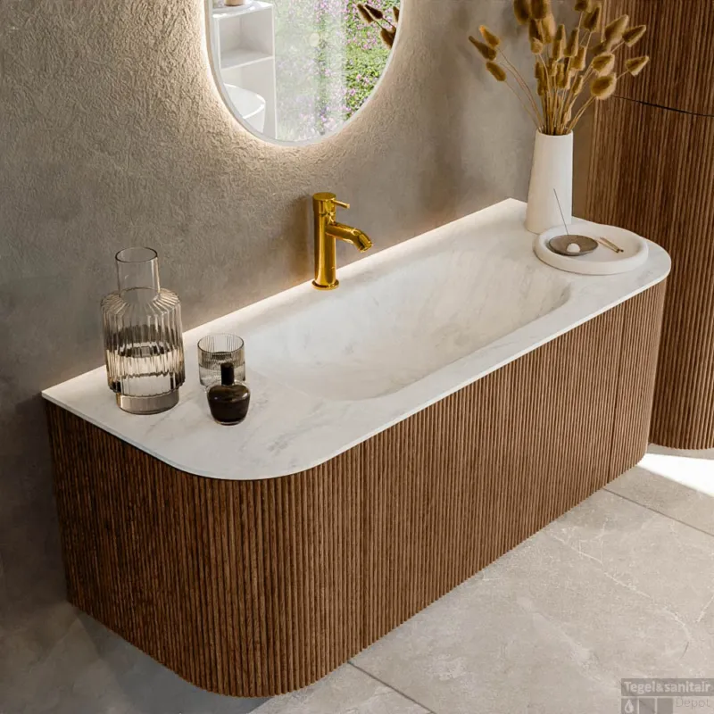 Mondiaz KURVE-DLUX 120 cm Onderkast Greeploos 1 Lade Met Deuren Walnut, Wastafel Solid Surface Midden Opalo 1 Kraangat Zonder Spiegel (KRVBGS120L+R1L2D1KM-Wal/Opa) Direct Verzonden