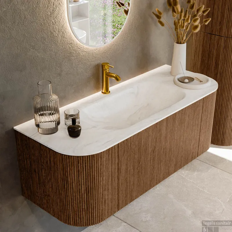 Must-Have Mondiaz KURVE-DLUX 120 cm Onderkast Greeploos 1 Lade Met Deuren Walnut, Wastafel Solid Surface Midden Ostra 1 Kraangat Zonder Spiegel (KRVBGS120L+R1L2D1KM-Wal/Ost)