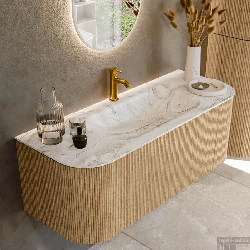 Koopje Mondiaz KURVE-DLUX 120 cm Onderkast Greeploos 1 Lade Met Deuren Oak, Wastafel Solid Surface Midden Glace 1 Kraangat Zonder Spiegel (KRVBGS120L+R1L2D1KM-Oak/Gla)