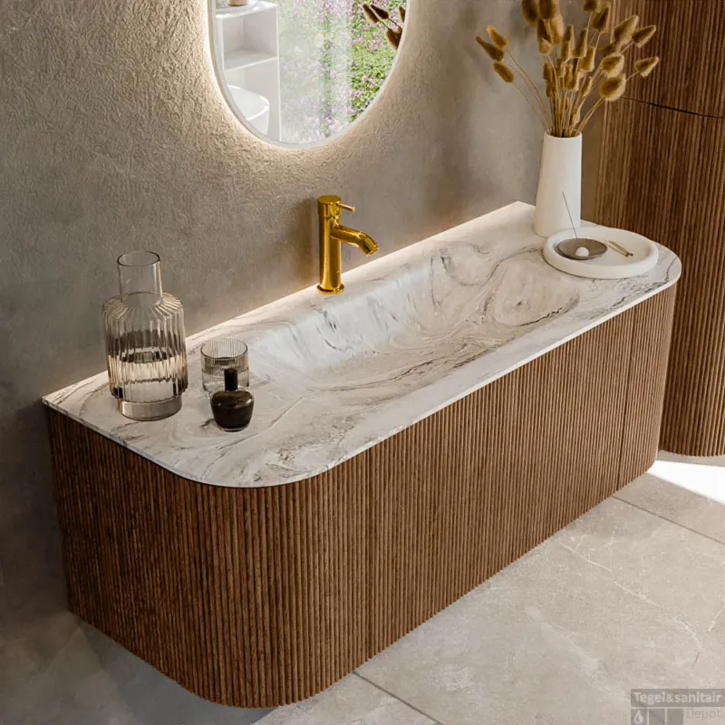Direct Verzonden Mondiaz KURVE-DLUX 120 cm Onderkast Greeploos 1 Lade Met Deuren Walnut, Wastafel Solid Surface Midden Glace 1 Kraangat Zonder Spiegel (KRVBGS120L+R1L2D1KM-Wal/Gla)