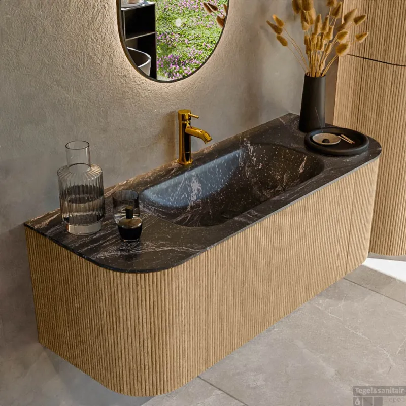 Alleen Vandaag Mondiaz KURVE-DLUX 120 cm Onderkast Greeploos 1 Lade Met Deuren Oak, Wastafel Solid Surface Midden Lava 1 Kraangat Zonder Spiegel (KRVBGS120L+R1L2D1KM-Oak/Lav)