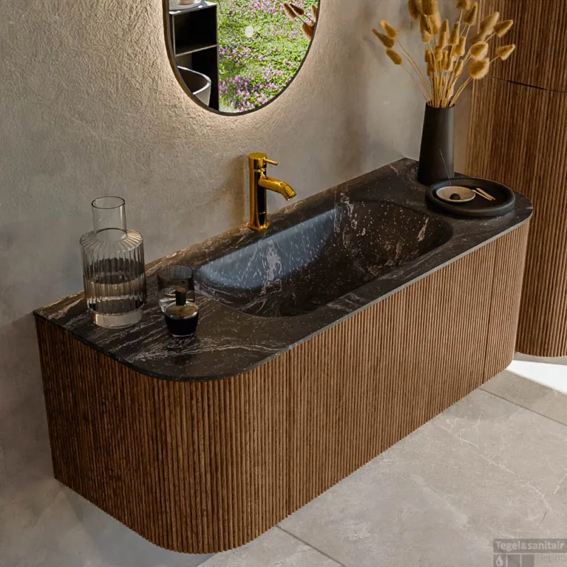 Weekendaanbieding Mondiaz KURVE-DLUX 120 cm Onderkast Greeploos 1 Lade Met Deuren Walnut, Wastafel Solid Surface Midden Lava 1 Kraangat Zonder Spiegel (KRVBGS120L+R1L2D1KM-Wal/Lav)