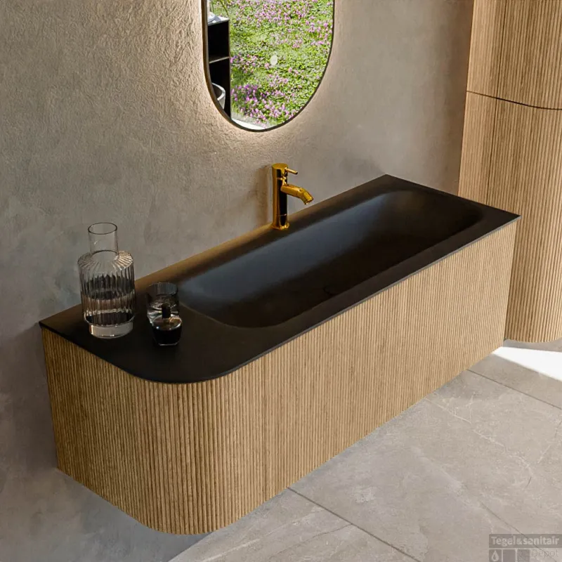 Mondiaz KURVE 125 cm Onderkast Greeploos 1 Lade Met Deuren Oak, Wastafel Solid Surface Rechts Urban 1 Kraangat Zonder Spiegel (KRVBGM125L1L1D1KR-Oak/Urb) Rechtstreeks Van De Fabrikant