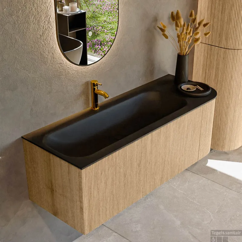 Bestseller Mondiaz KURVE 125 cm Onderkast Greeploos 1 Lade Met Deuren Oak, Wastafel Solid Surface Links Urban 1 Kraangat Zonder Spiegel (KRVBGM125R1L1D1KL-Oak/Urb)