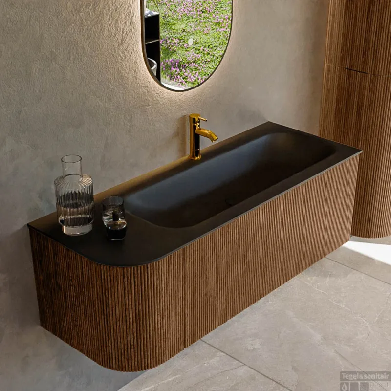 Snelle Levering Mondiaz KURVE 125 cm Onderkast Greeploos 1 Lade Met Deuren Walnut, Wastafel Solid Surface Rechts Urban 1 Kraangat Zonder Spiegel (KRVBGM125L1L1D1KR-Wal/Urb)