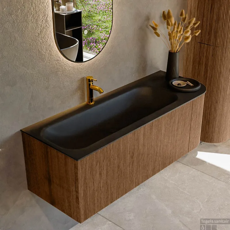 Superprijs Mondiaz KURVE 125 cm Onderkast Greeploos 1 Lade Met Deuren Walnut, Wastafel Solid Surface Links Urban 1 Kraangat Zonder Spiegel (KRVBGM125R1L1D1KL-Wal/Urb)