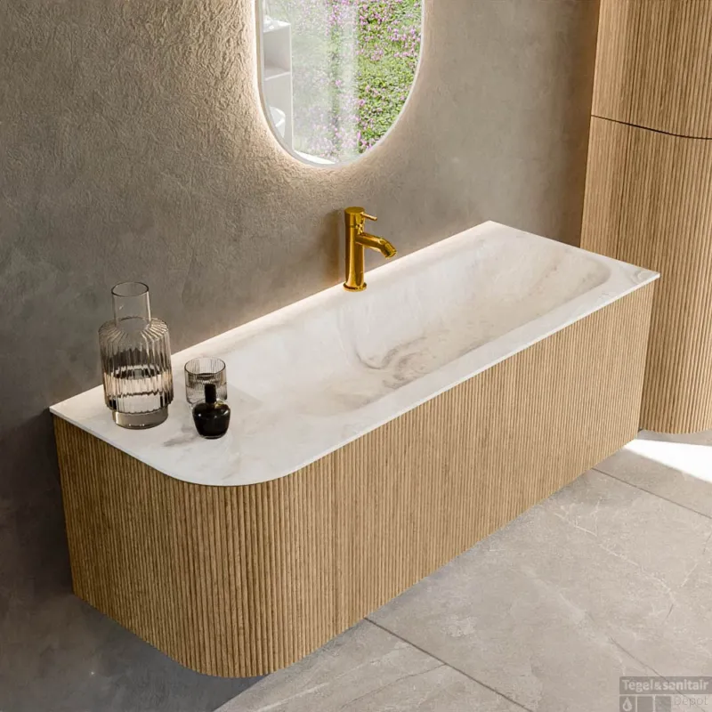 Mondiaz KURVE-DLUX 125 cm Onderkast Greeploos 1 Lade Met Deuren Oak, Wastafel Solid Surface Rechts Frappe 1 Kraangat Zonder Spiegel (KRVBGM125L1L1D1KR-Oak/Fra) Finale Uitverkoop