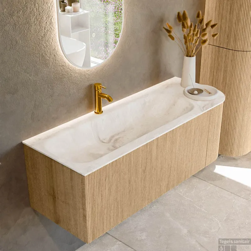 Mondiaz KURVE-DLUX 125 cm Onderkast Greeploos 1 Lade Met Deuren Oak, Wastafel Solid Surface Links Frappe 1 Kraangat Zonder Spiegel (KRVBGM125R1L1D1KL-Oak/Fra) Hoge Kwaliteit