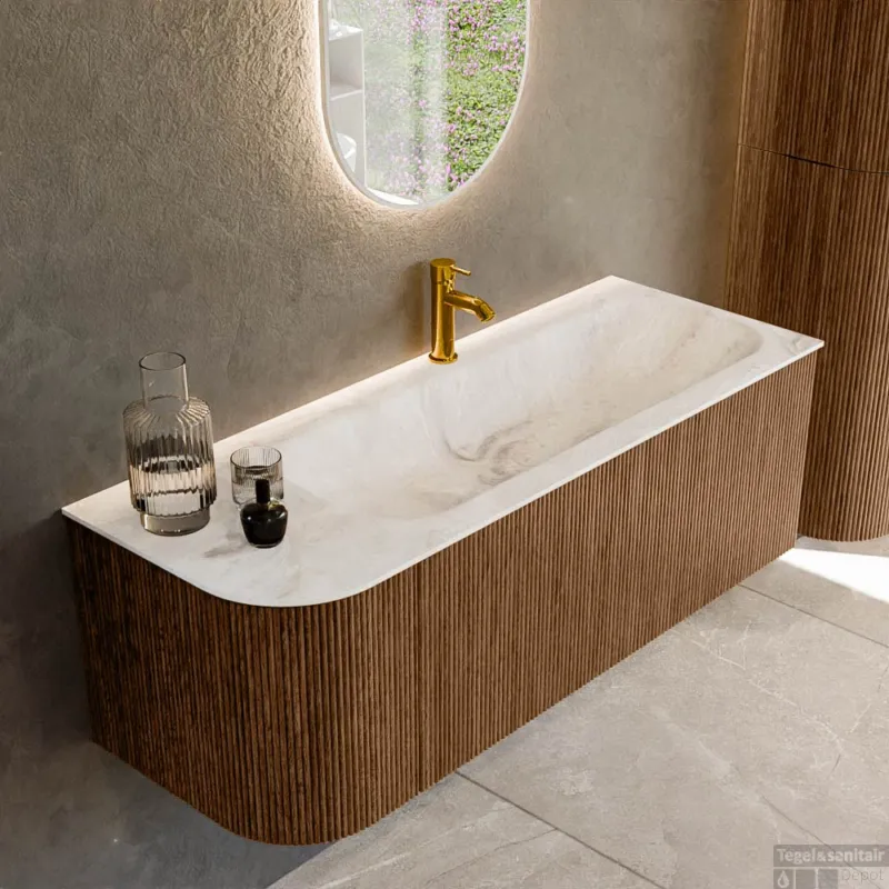 Mondiaz KURVE-DLUX 125 cm Onderkast Greeploos 1 Lade Met Deuren Walnut, Wastafel Solid Surface Rechts Frappe 1 Kraangat Zonder Spiegel (KRVBGM125L1L1D1KR-Wal/Fra) Betaalbaar