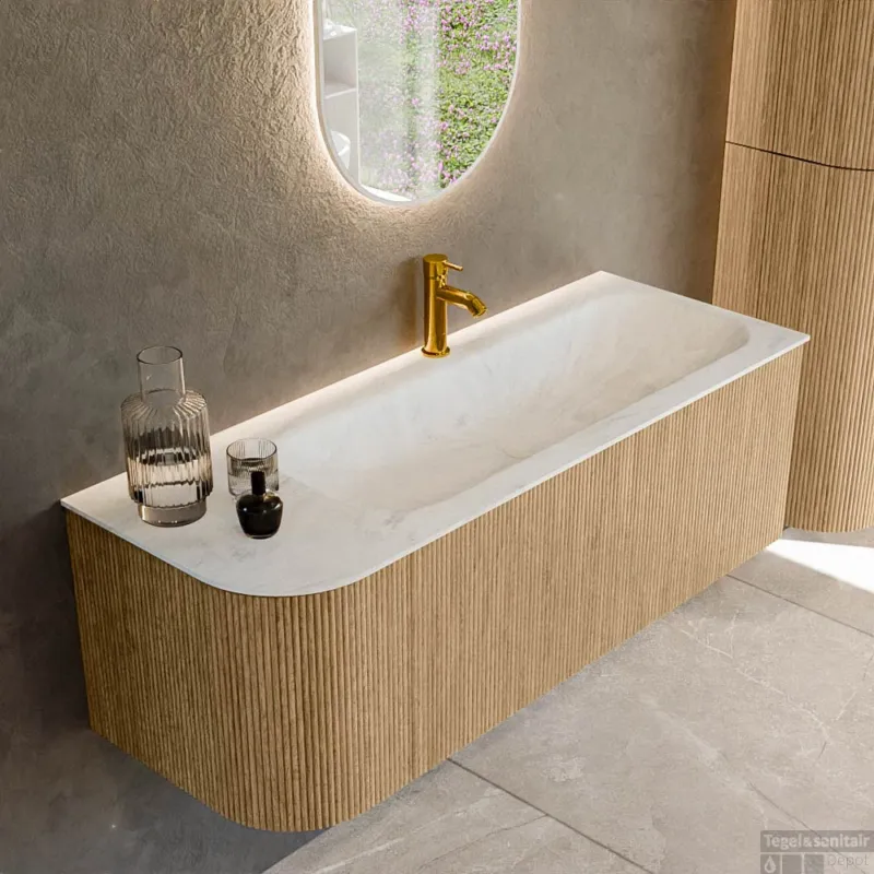 Mondiaz KURVE-DLUX 125 cm Onderkast Greeploos 1 Lade Met Deuren Oak, Wastafel Solid Surface Rechts Opalo 1 Kraangat Zonder Spiegel (KRVBGM125L1L1D1KR-Oak/Opa) Direct Verzonden