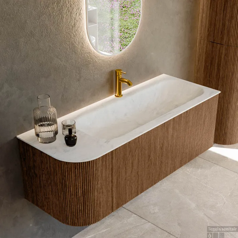 Seizoensaanbieding Mondiaz KURVE-DLUX 125 cm Onderkast Greeploos 1 Lade Met Deuren Walnut, Wastafel Solid Surface Rechts Opalo 1 Kraangat Zonder Spiegel (KRVBGM125L1L1D1KR-Wal/Opa)
