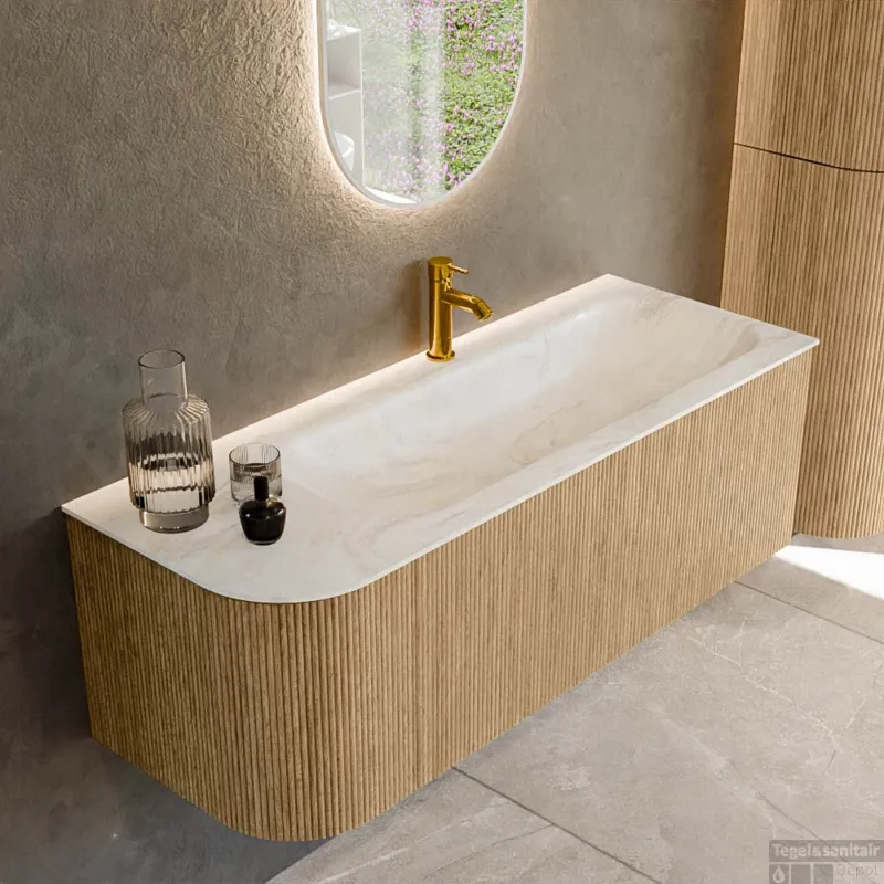 Mondiaz KURVE-DLUX 125 cm Onderkast Greeploos 1 Lade Met Deuren Oak, Wastafel Solid Surface Rechts Ostra 1 Kraangat Zonder Spiegel (KRVBGM125L1L1D1KR-Oak/Ost) Fabrieksprijs