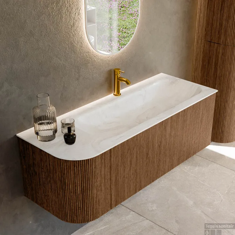 Mondiaz KURVE-DLUX 125 cm Onderkast Greeploos 1 Lade Met Deuren Walnut, Wastafel Solid Surface Rechts Ostra 1 Kraangat Zonder Spiegel (KRVBGM125L1L1D1KR-Wal/Ost) Rechtstreeks Van De Fabrikant