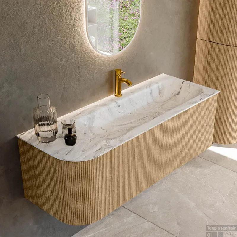 Mondiaz KURVE-DLUX 125 cm Onderkast Greeploos 1 Lade Met Deuren Oak, Wastafel Solid Surface Rechts Glace 1 Kraangat Zonder Spiegel (KRVBGM125L1L1D1KR-Oak/Gla) Lage Prijs