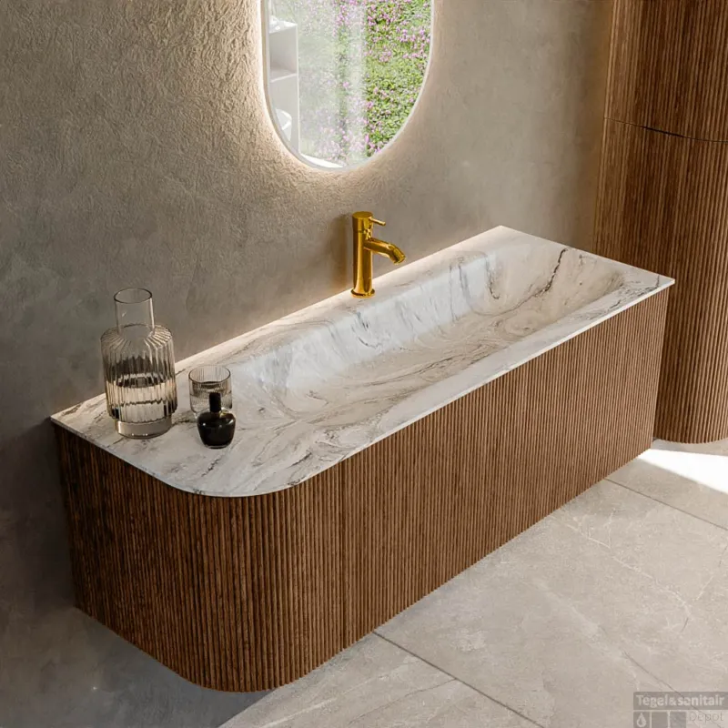 Mondiaz KURVE-DLUX 125 cm Onderkast Greeploos 1 Lade Met Deuren Walnut, Wastafel Solid Surface Rechts Glace 1 Kraangat Zonder Spiegel (KRVBGM125L1L1D1KR-Wal/Gla) Seizoensaanbieding