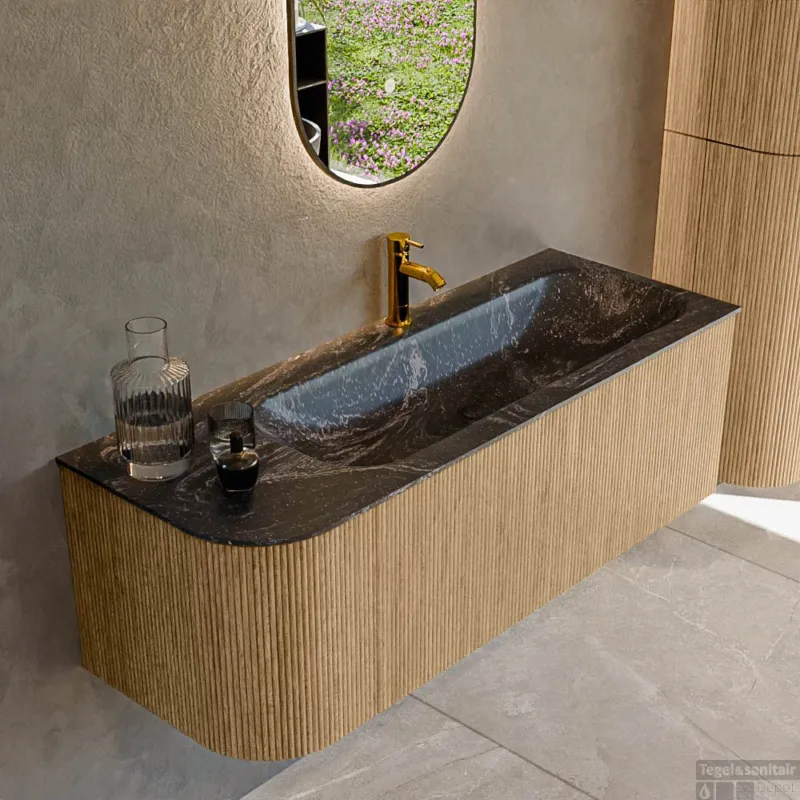 Shop Nu Mondiaz KURVE-DLUX 125 cm Onderkast Greeploos 1 Lade Met Deuren Oak, Wastafel Solid Surface Rechts Lava 1 Kraangat Zonder Spiegel (KRVBGM125L1L1D1KR-Oak/Lav)