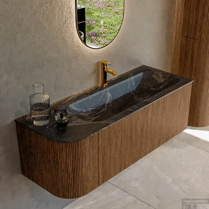 Mondiaz KURVE-DLUX 125 cm Onderkast Greeploos 1 Lade Met Deuren Walnut, Wastafel Solid Surface Rechts Lava 1 Kraangat Zonder Spiegel (KRVBGM125L1L1D1KR-Wal/Lav) Laatste Versie