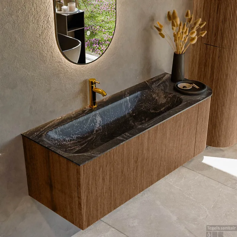 Bestseller Mondiaz KURVE-DLUX 125 cm Onderkast Greeploos 1 Lade Met Deuren Walnut, Wastafel Solid Surface Links Lava 1 Kraangat Zonder Spiegel (KRVBGM125R1L1D1KL-Wal/Lav)