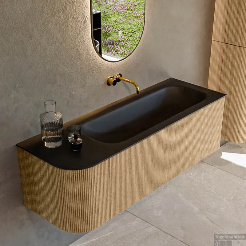 Weekendaanbieding Mondiaz KURVE 135 cm Onderkast Greeploos 1 Lade Met Deuren Oak, Wastafel Solid Surface Rechts Urban 0 Kraangaten Zonder Spiegel (KRVBGM135L1L1D0KR-Oak/Urb)