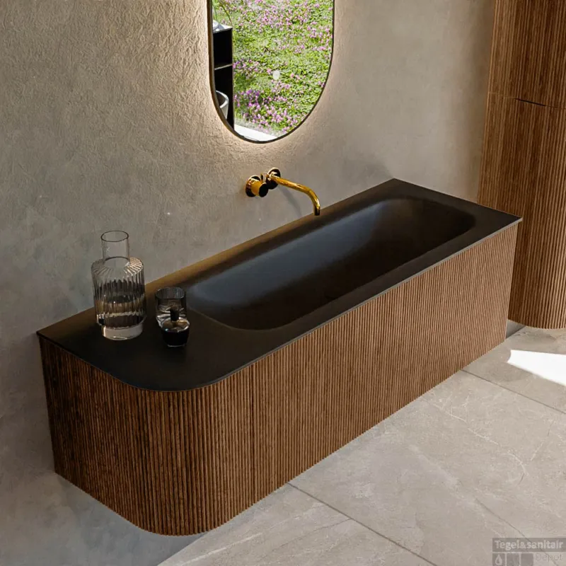 Mondiaz KURVE 135 cm Onderkast Greeploos 1 Lade Met Deuren Walnut, Wastafel Solid Surface Rechts Urban 0 Kraangaten Zonder Spiegel (KRVBGM135L1L1D0KR-Wal/Urb) Veilige Betaling