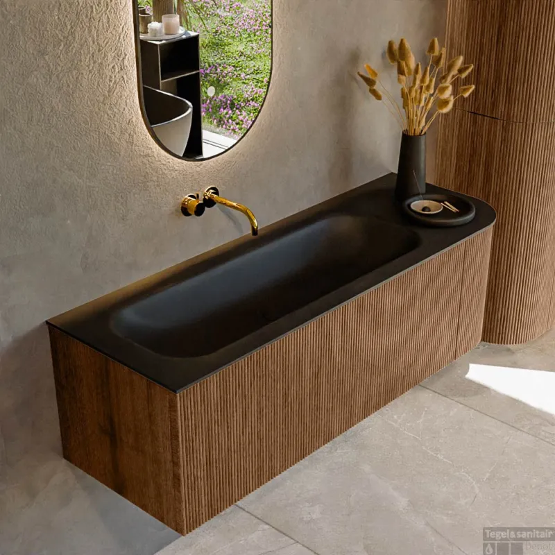 Mondiaz KURVE 135 cm Onderkast Greeploos 1 Lade Met Deuren Walnut, Wastafel Solid Surface Links Urban 0 Kraangaten Zonder Spiegel (KRVBGM135R1L1D0KL-Wal/Urb) Hoge Kwaliteit