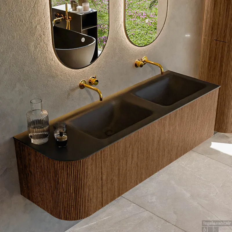 Bestseller Mondiaz KURVE 145 cm Onderkast Greeploos 1 Lade Met Deuren Walnut, Wastafel Solid Surface Rechts Urban 0 Kraangaten Zonder Spiegel (KRVCLO145L1L1D0KD-Wal/Urb)