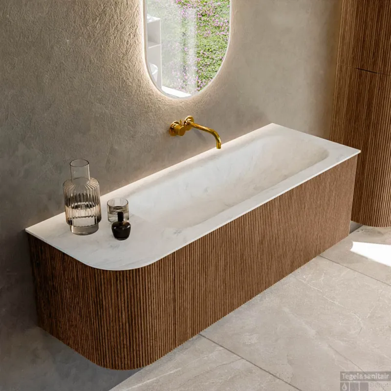 Nieuw Mondiaz KURVE-DLUX 135 cm Onderkast Greeploos 1 Lade Met Deuren Walnut, Wastafel Solid Surface Rechts Opalo 0 Kraangaten Zonder Spiegel (KRVBGM135L1L1D0KR-Wal/Opa)