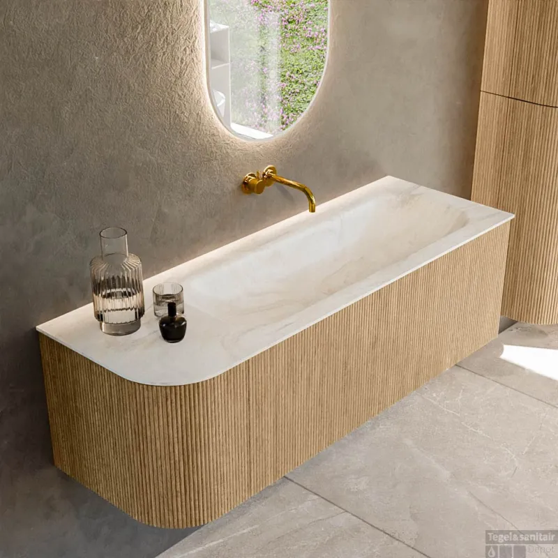 Mondiaz KURVE-DLUX 135 cm Onderkast Greeploos 1 Lade Met Deuren Oak, Wastafel Solid Surface Rechts Ostra 0 Kraangaten Zonder Spiegel (KRVBGM135L1L1D0KR-Oak/Ost) Meest Verkocht